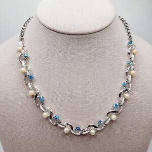 Vintage AB Rhinestone Faux Pearl Choker Necklace 18 Inch